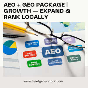 AEO + GEO Services Package — Growth”: diagram with a central “AEO” hub and bubbles for Link Building, Page Content, Traffic Monitoring, Social Media.