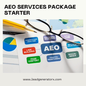 AEO Services Package — Starter”: diagram with a central “AEO” hub and bubbles for Link Building, Page Content, Traffic Monitoring, Social Media.