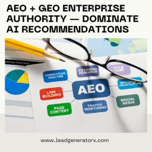 AEO + GEO Services Package — Authority”: diagram with a central “AEO” hub and bubbles for Link Building, Page Content, Traffic Monitoring, Social Media.